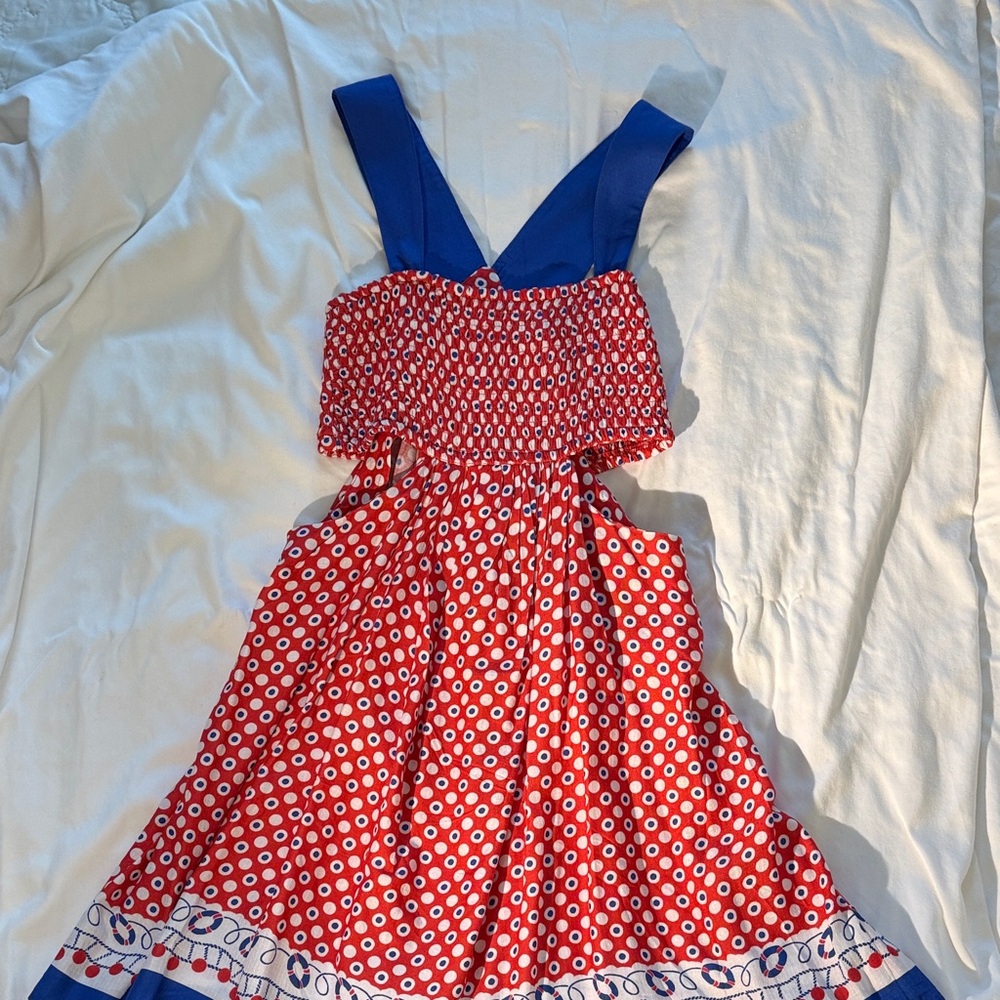 Celandine Red Polka Dot Sundress with Blue Straps